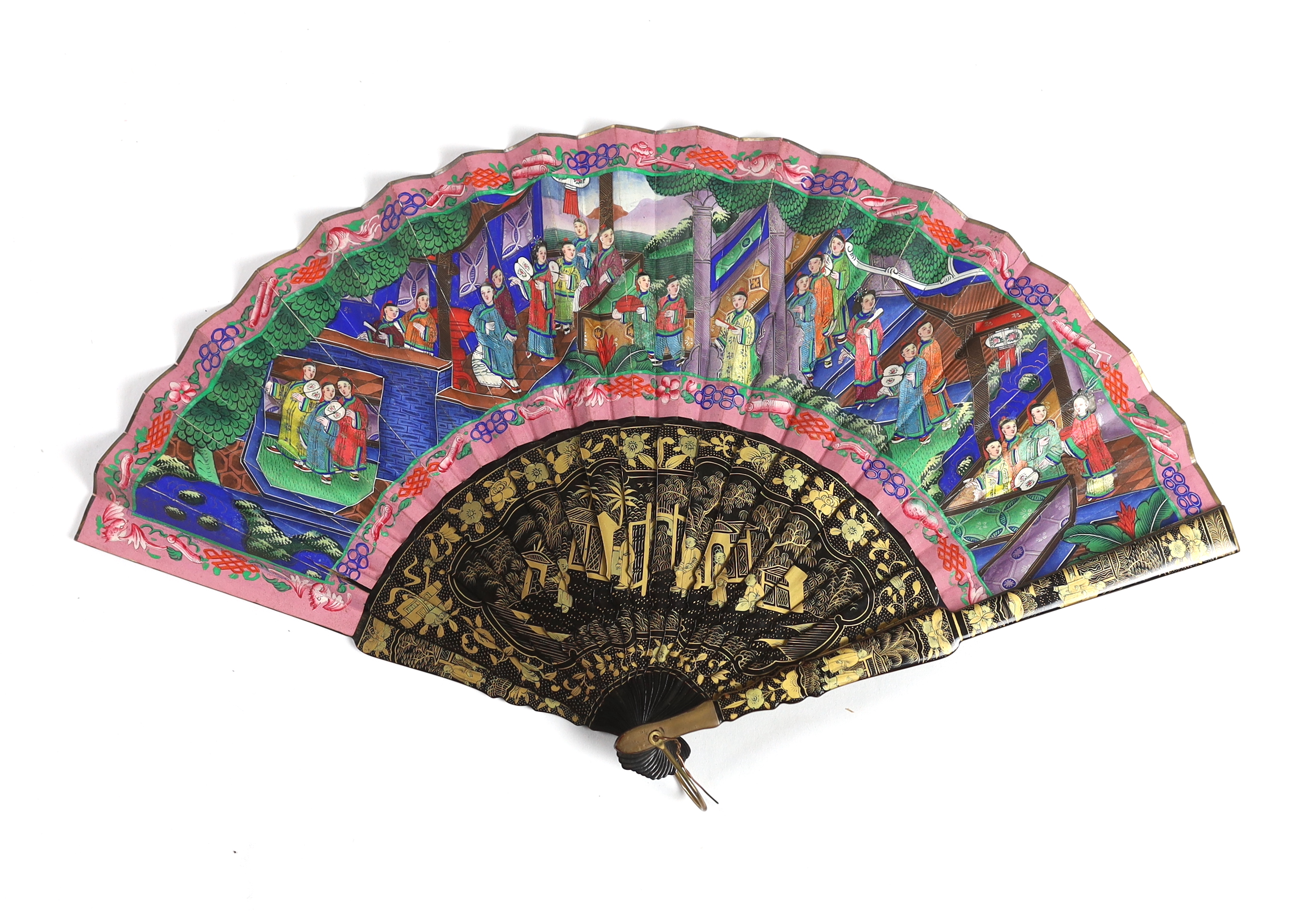 A 19th century Chinese ornately lacquered and hand painted figural leaf fan, the figures on the leaf having painted ivory faces, the back of the fan painted with exotic birds and flowers, CITES Submission reference TJUZX